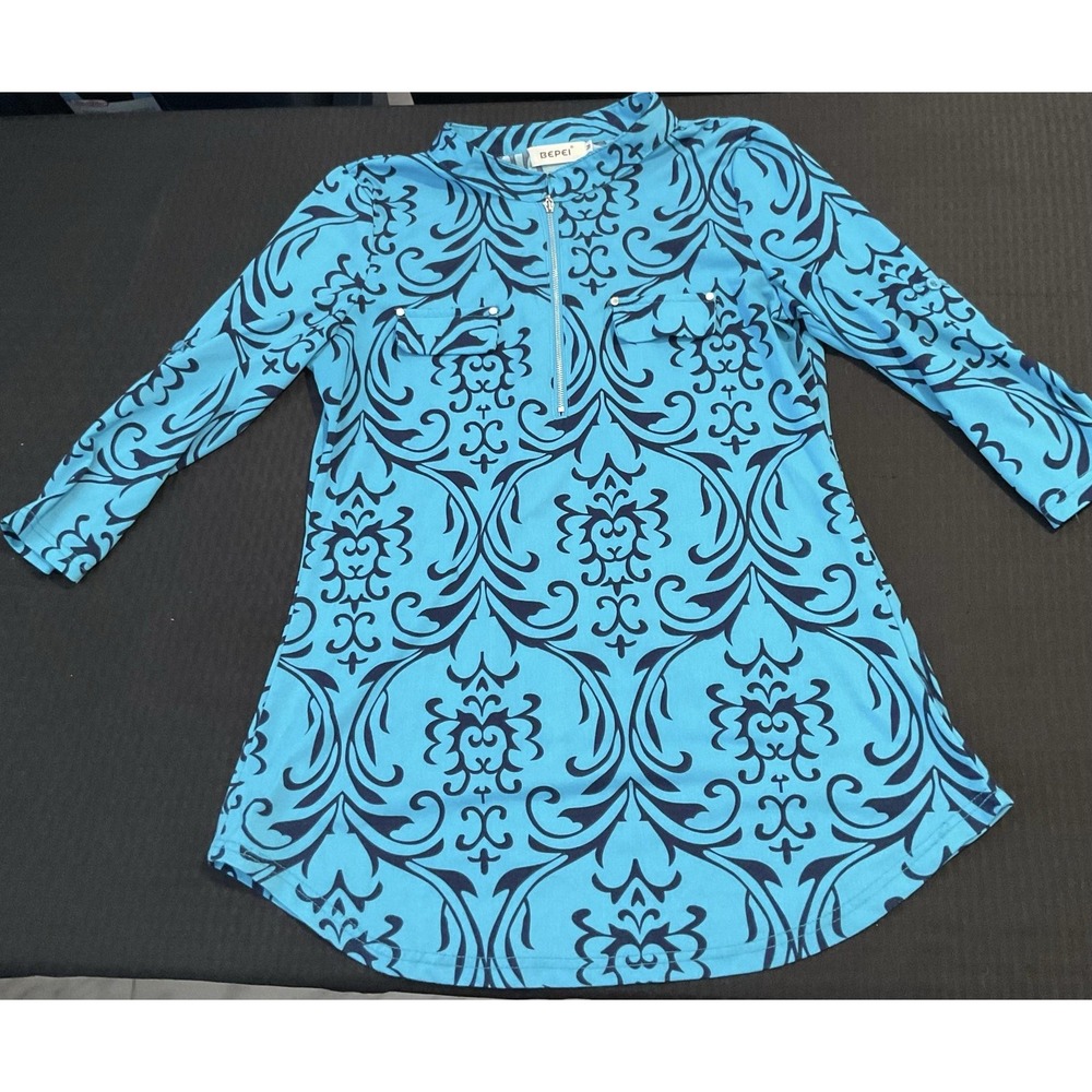 BEPEI Shirt Womens Medium Blue Floral Tunic Zip Front 3/4 Roll Tab Sleeve Top